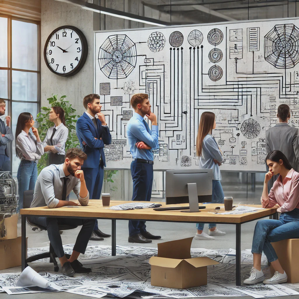 An image representing &ldquo;Analysis Paralysis&rdquo; in engineering. It shows a team stuck in decision-making and hesitant to take action.